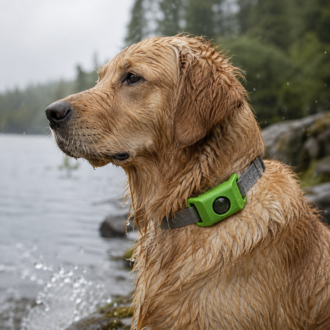 Chien mouillé portant Génévra près de l'eau